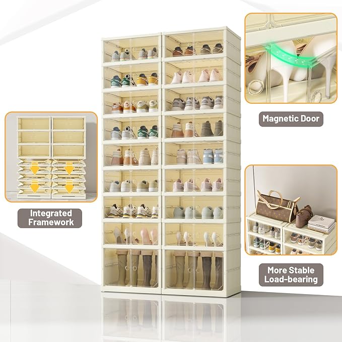 Dimmeda 9 Tiers Foldable Shoe Rack Organizer for Closet with Wheels, 36Pairs Plastic Collapsible Shoe Shelf for Front Door Entrance Stackable Clear Folding Shoes Storage Boxes Tall Shoe Cabinet