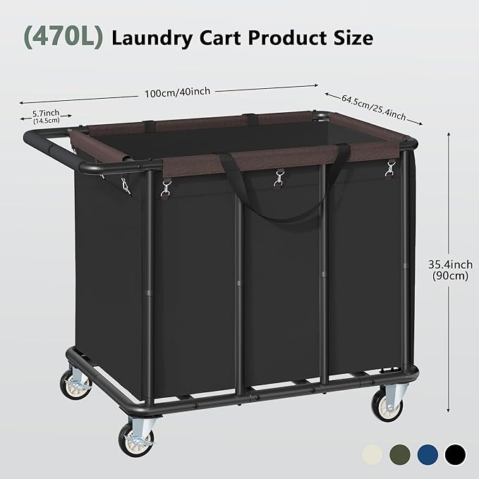 FAVOOSTY 470L Heavy Duty Commercial Laundry Cart with Wheels,Industrial Rolling Laundry Hamper, Extra Large Laundry Basket, Metal Frame for Hotel/Hospital/Home, 440lbs (Black)