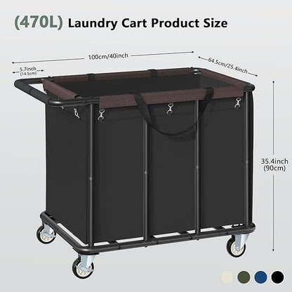 FAVOOSTY 470L Heavy Duty Commercial Laundry Cart with Wheels,Industrial Rolling Laundry Hamper, Extra Large Laundry Basket, Metal Frame for Hotel/Hospital/Home, 440lbs (Black)