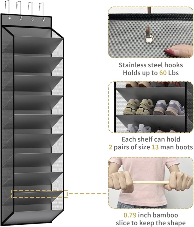 KEEPJOY 10 Tiers Mesh Over Door Shoe Organizer Storage, Hanging Shoe Holder for Door with Large Deep Pockets, Holds 20-30 Pairs of Shoes, Ideal for Sneakers & Boots(Grey)