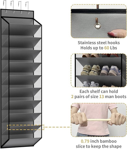 KEEPJOY 10 Tiers Mesh Over Door Shoe Organizer Storage, Hanging Shoe Holder for Door with Large Deep Pockets, Holds 20-30 Pairs of Shoes, Ideal for Sneakers & Boots(Grey)