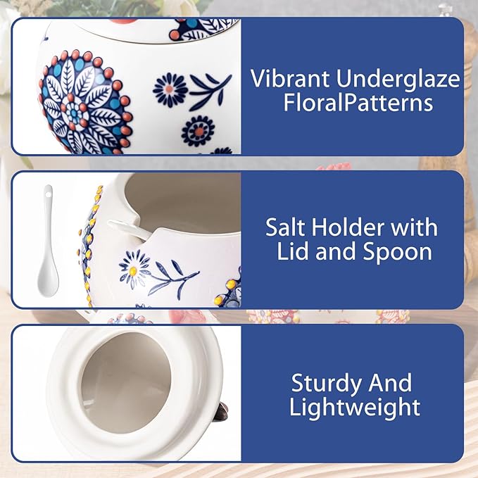 Ceramic Salt Cellar with Lid and Spoon, 13 oz Large Chicken Salt Jar, Chicken Sugar Containers for Countertop, Decorative Kitchen Holder for Coffee, Pepper, Seasonings, Spices, Candy(Blue)