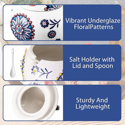 Ceramic Salt Cellar with Lid and Spoon, 13 oz Large Chicken Salt Jar, Chicken Sugar Containers for Countertop, Decorative Kitchen Holder for Coffee, Pepper, Seasonings, Spices, Candy(Blue)