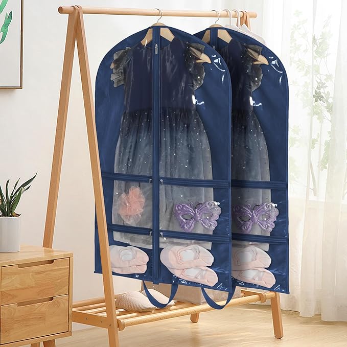 KEEGH Clear Garment Bags for Dance Costumes 40 inch Dance Garment Bags for Dancers Hanging Clothes for Closet Storage, with 4 Zipper Pockets for Dance Competitions, Ballet, Theatre, 6 Pack, Navy Blue