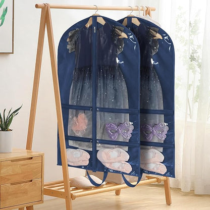 KEEGH Clear Garment Bags for Dance Costumes 40 inch Dance Garment Bags for Dancers Hanging Clothes for Closet Storage, with 4 Zipper Pockets for Dance Competitions, Ballet, Theatre, 6 Pack, Navy Blue