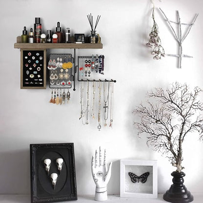SOLIMINTR Hanging Jewelry Organizer Wall Mount Holder with Rustic Wood Shelf, Ring Display Box, Ear Studs Earring Holder, Rotating Necklace for Gothic Goth Accessories