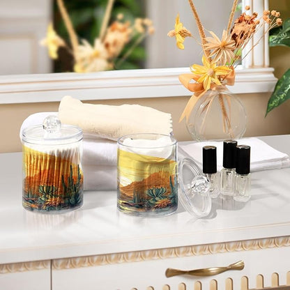 2 Pack Cactus Plants Apothecary Jars with Lid, Qtip Holder Storage Containers for Cotton Ball, Swabs, Pads, Clear Plastic Canisters for Bathroom Vanity Organization (10 Oz)