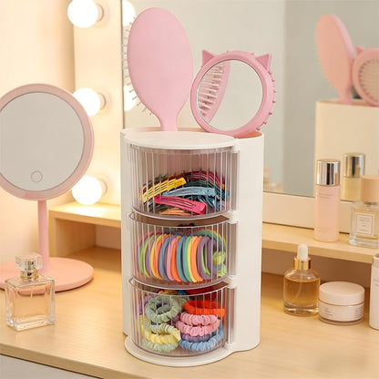 Hair Accessories Organizer with Hair Brush Holder, Rotatable Makeup Brush Holder for Necklaces, Earring, Bracelet, Ring, Makeup Brushes, Hair Clip and Hair Accessories (3-layer -White)