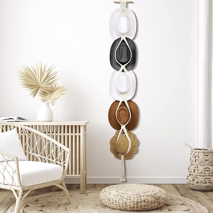Yulejo Macrame Hat Hangers Racks Boho Cowboy Hats Holders Western Display Organizer Storage decor Back of Door for Wall(White,Five Hats Style)
