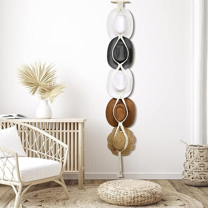Yulejo Macrame Hat Hangers Racks Boho Cowboy Hats Holders Western Display Organizer Storage decor Back of Door for Wall(White,Five Hats Style)