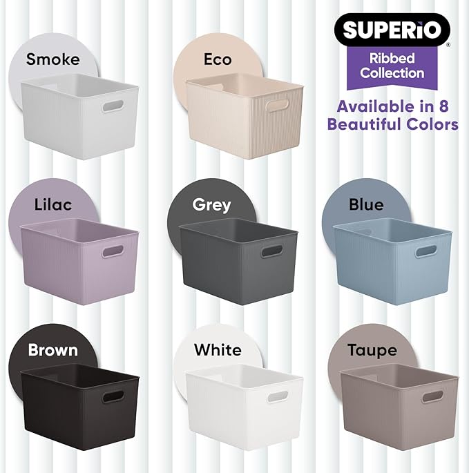 Superio Ribbed Collection - Eco-Friendly Decorative Plastic Basket Open Home Storage Bin and Lid, X-Large (1 Pack) Container Boxes for Organizing Closet Storage Bins for Shelves 22 Liter/23 Quart