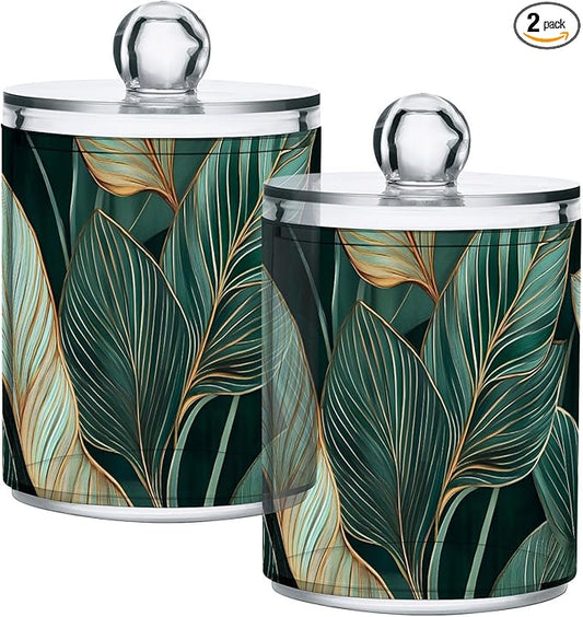 2 Pack Cotton Ball and Swab Organizers with Lid Elegant Leaf Print, Plastic Jars Set Bathroom Canisters Storage Organizer
