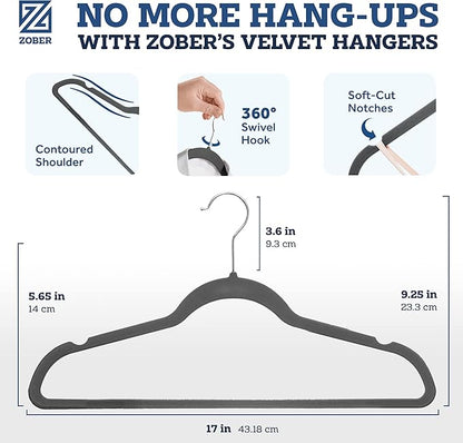 Zober Velvet Hangers 50 Pack - Heavy Duty Gray Hangers for Coats, Pants & Dress Clothes - Non Slip Clothes Hanger Set - Space Saving Felt Hangers for Clothing