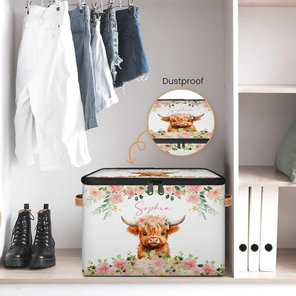 Custom Highland Cow Storage Bins with Lid, Foldable Personalized Storage Basket Boxes with Handle Pink Flower Shelf Basket Closet Organizer Cube