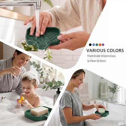 MicoYang Silicone Bathroom Soap Dishes with Drain Spout-Bathroom and Kitchen Sink Organizer,Sponge Holder,Dish Soap Tray,Perfect for Dispenser,Scrubber,Bottle,Cup on Sink or Counter-Green 4.9"×3.2"