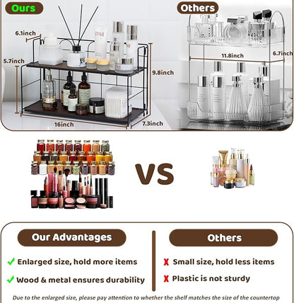 Edergoo Bathroom Counter Organizer 10s Tool-Free Install, 2 Tier Bathroom Organizers and Storage, Collapsible Bathroom Organizer Countertop, Wood Bathroom Kitchen Countertop Organizer, Black