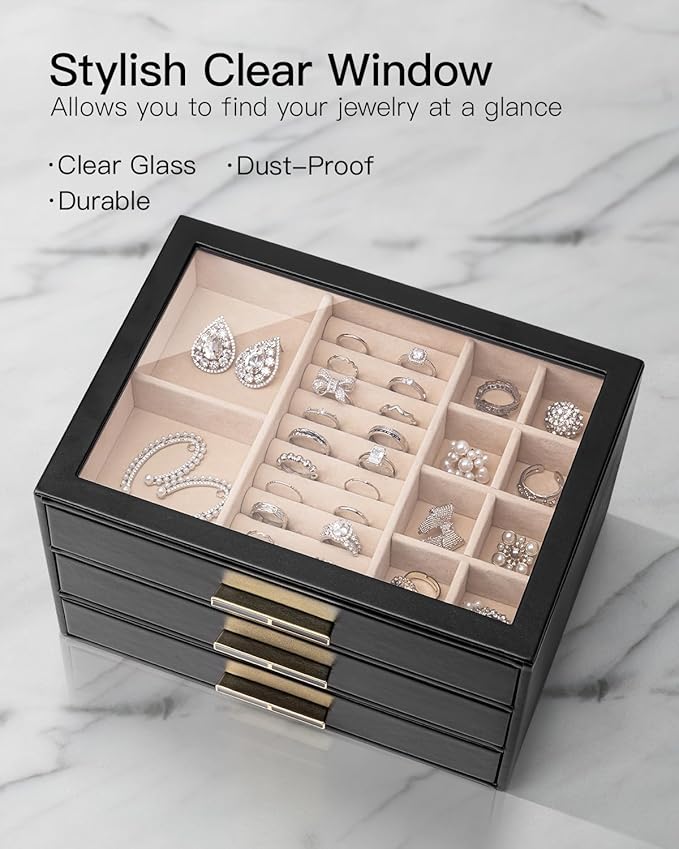 VLANDO Jewelry Box for Women, 3-Layer Jewelry Organizer with Drawers, Glass Lid Display Jewelry Storage, Soft PU Leather Exterior, Contrast Gold Metal Handles, Refined Style - Obsidian