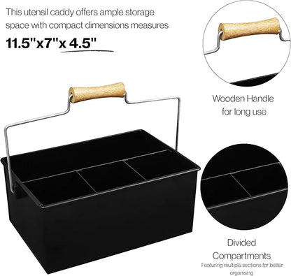 Alpha Living Home Heavy Duty Metal Alloy Utensil Silverware Caddy - 4 Compartment Flatware Organizer with Handle - Farmhouse Rustic Kitchen Storage for Countertop, Tabletop, Picnics & Parties (Black)
