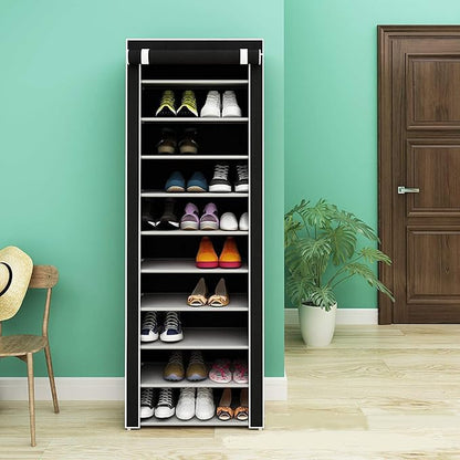 GREEF 10-Tier Large Shoe Rack with Dustproof Non Woven Fabric Cover Closet Shoe Storage Organizer Cabinet Shoe Tower for Entryway Bedroom Dorm Room Closet (Black)