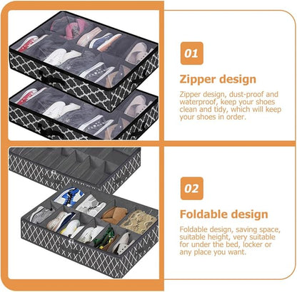 NUOBESTY Foldable Shoes Storage Box with Zipper and Window Large Capacity Non-woven Underbed Shoe Organizer Black Cross Pattern Reusable for Home Closet Storage