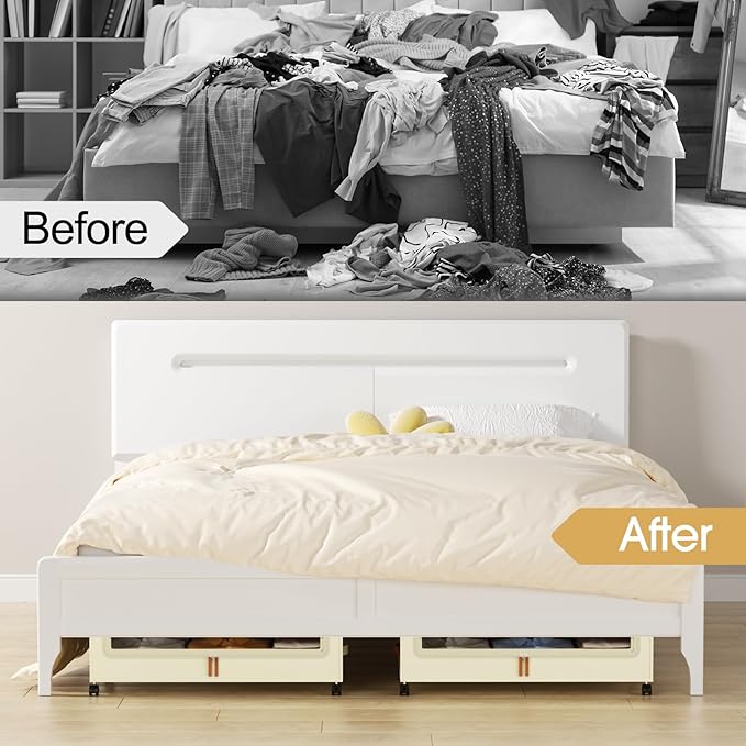 Yecaye Under Bed Storage with Wheels, 4 Pack Under the Bed Storage Containers with Lids & Label, XXL 60 L Rolling Underbed Storage Drawers for Clothes, Blankets, Shoes, Beige
