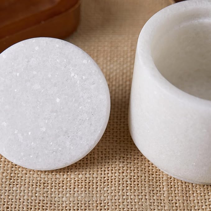 Natural Marble Salt Cellar with Lid, Stone Salt Bowl,Spice jar,Handcrafted Seasoning Storage Box for Kitchen Counte (White)