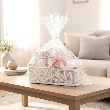 2 Pack Macrame Storage Baskets, Boho Decor Baskets Woven Storage Boxes for Organization Countertop Toilet Paper Basket for Home Decor Bedroom Nursery Livingroom Entryway, White