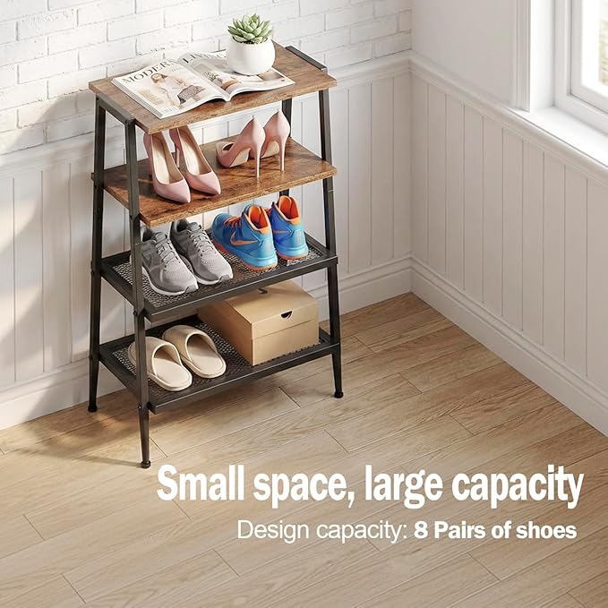 A-Shape Shoe Rack, 4-Tier Heavy-Duty Shoe Organizer with Wooden Top & Mesh Shelves, Space-Saving for Entryway, Bedroom, Hallway(25.28" H, Holds 8 Pairs, Rustic Brown)