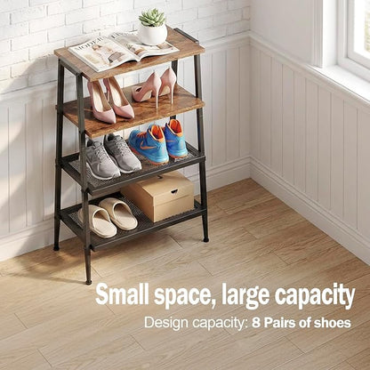 A-Shape Shoe Rack, 4-Tier Heavy-Duty Shoe Organizer with Wooden Top & Mesh Shelves, Space-Saving for Entryway, Bedroom, Hallway(25.28" H, Holds 8 Pairs, Rustic Brown)