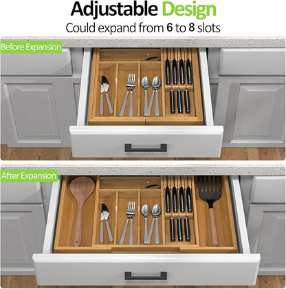Nexxuss Bamboo Kitchen Drawer Organizer, Expandable Utensil Organizer with Removable Knife Block, Cutlery Tray Holder with Divider, Adjustable Silverware Organizer, Wood Tableware Dividers Storage