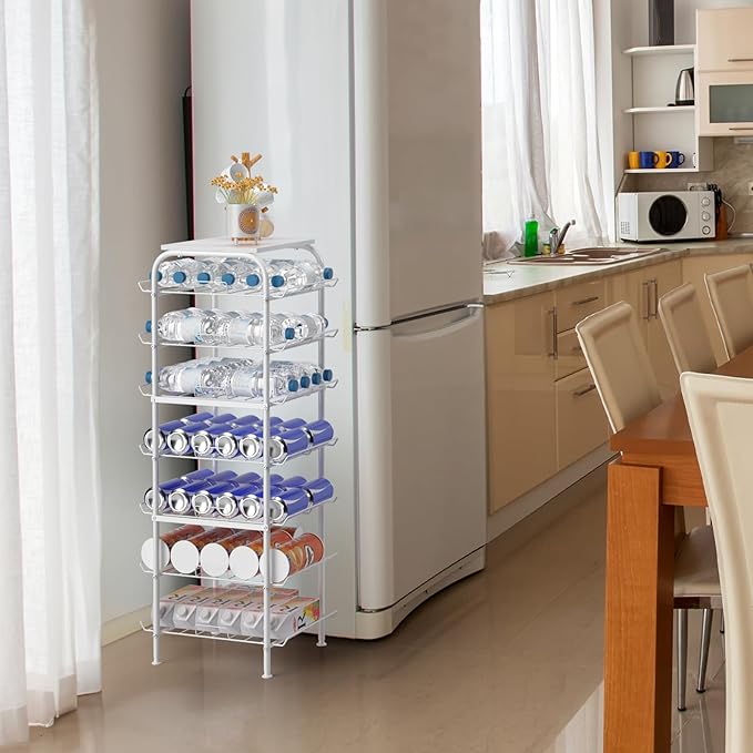 Vrisa Water Bottle Organizer 7 Tier Free Standing Water Bottle Holder Stand with Storage Shelves Beverage Drink Soda Can Rack Dispenser Metal Storage Shelf for Kitchen Pantry Party Office, White