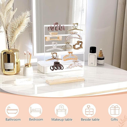 SNOWSTAR Hair Claw Clip Holder Organizer - 5 Tier Iron Rod Hair Clip Holder Storage for Women Girls, Wood Base Desktop Organizer