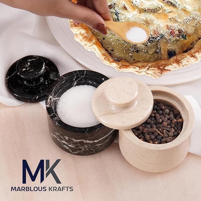 MARBLOUS KRAFTS Marble Salt Cellar 3" Black Zebra and Verona Flaky Salt Bowl & Pepper with Lid, Home Storage and Modern Sugar Containers