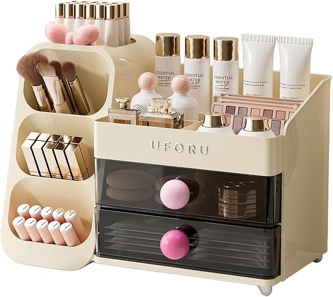 Makeup Organizer for Vanity with Brush Holder, Large Capacity Bathroom Countertop Skincare Organizer with 2 Drawers, Cosmetic Display Case for Perfumes, Eyeshadow Palettes, Nail Polishes