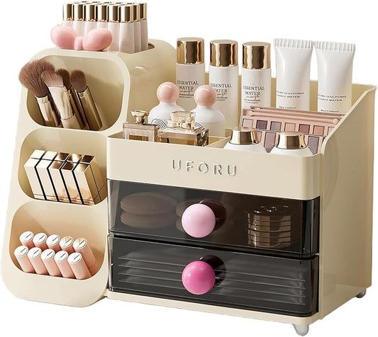Makeup Organizer for Vanity with Brush Holder, Large Capacity Bathroom Countertop Skincare Organizer with 2 Drawers, Cosmetic Display Case for Perfumes, Eyeshadow Palettes, Nail Polishes