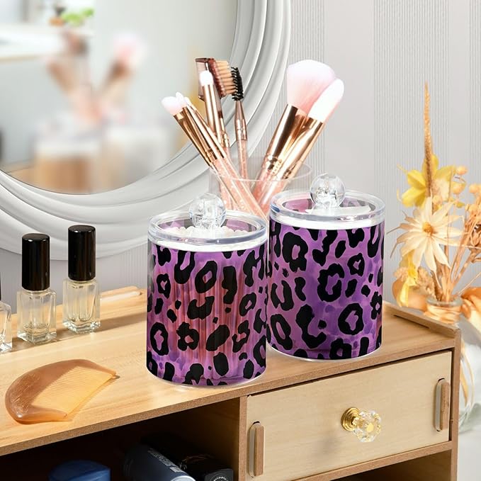 ALAZA 2 Pack Qtip Holder Dispenser for Cotton Ball Leopard Purple Print Pattern Cotton Swab Round Pads Clear Plastic Acrylic Jar Set Bathroom Canister
