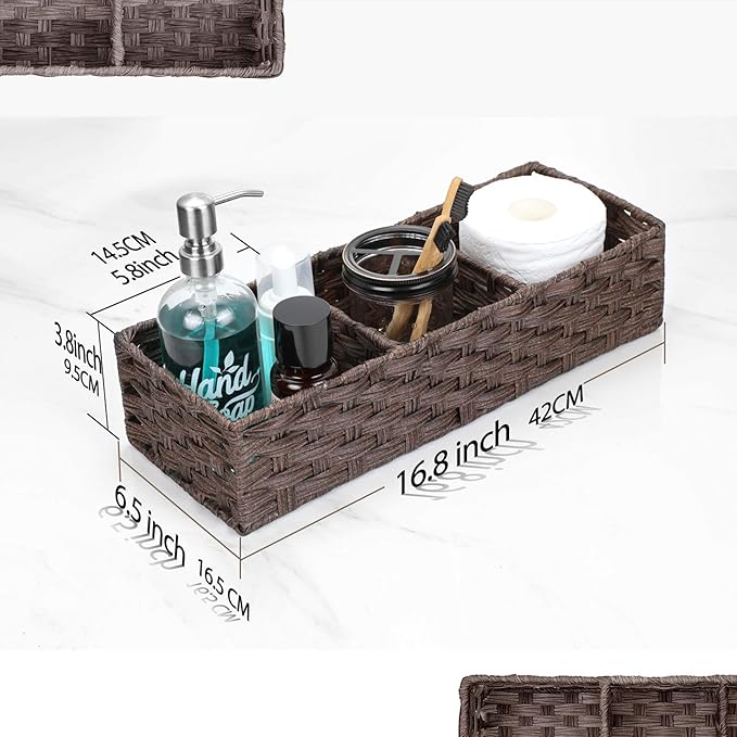 [Larger Compartments] Toilet Tank Topper Paper Basket - Multiuse Hand Woven Plastic Wicker Basket with Divider for Organizing, Rustic Farmhouse Bathroom Decor, Countertop Organizer Storage, Brown