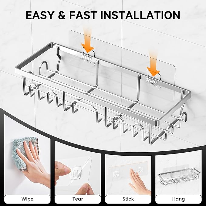 Shower Caddy, 5 Pack Shower Shelves for Inside Bathroom, Rustproof Adhesive Bathroom Organizer with Soap Holder, No Drilling Washroom Organizers and Storage for Bathtub Room/Kitchen, Silver