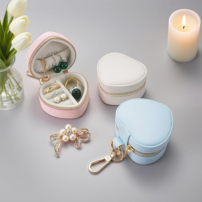 Heart Shape Ring Holder Keychain, Mini Travel Jewelry Case for Wedding Ring, Sports & Vacation, Portable Zipper Clutch Organizer for Earrings Necklace, Premium Gift for Women Girls (White)