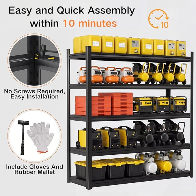 72''H Garage Shelving,3300LBS Heavy Duty Garage Shelving,40"W Industrial Shelving,Adjustable Storage Shelf Unit with Double Layer Posts for Garage,Basement,Warehouse,Commercial,Black 5 Tier