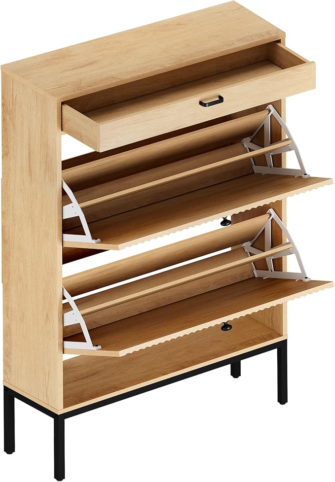 XIAO WEI Shoe Cabinet, Shoe Storage Organizer Cabinet with 2 Flip Wavy Line Drawers, Freestanding Shoe Rack with Adjustable Shelf for Entryway, QH242-1