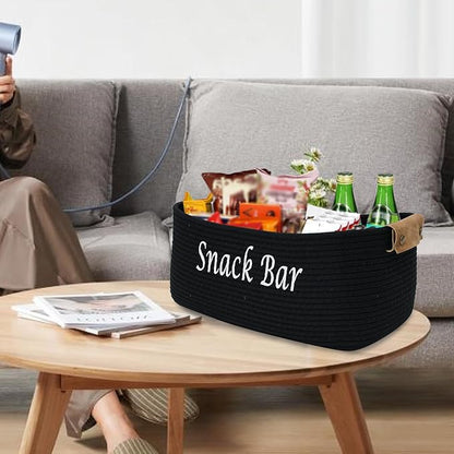 Snack Organizer for Pantry Shelf, Black Cotton Rope Basket with Handles, Snack Bin for Storing Chips, Pretzels, Cookies, Popcorn, Snack Bar Station Kitchen Organization