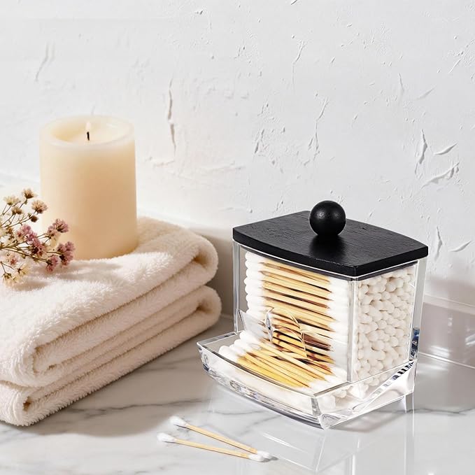 SheeChung 10Oz Acrylic Qtip Holder Dispenser for Cotton Swab, Clear Plastic Containers Apothecary Jars with Bamboo Lid, Bathroom Accessories, Vanity Organizers and Storage, Home Essentials-Black, 2Pcs