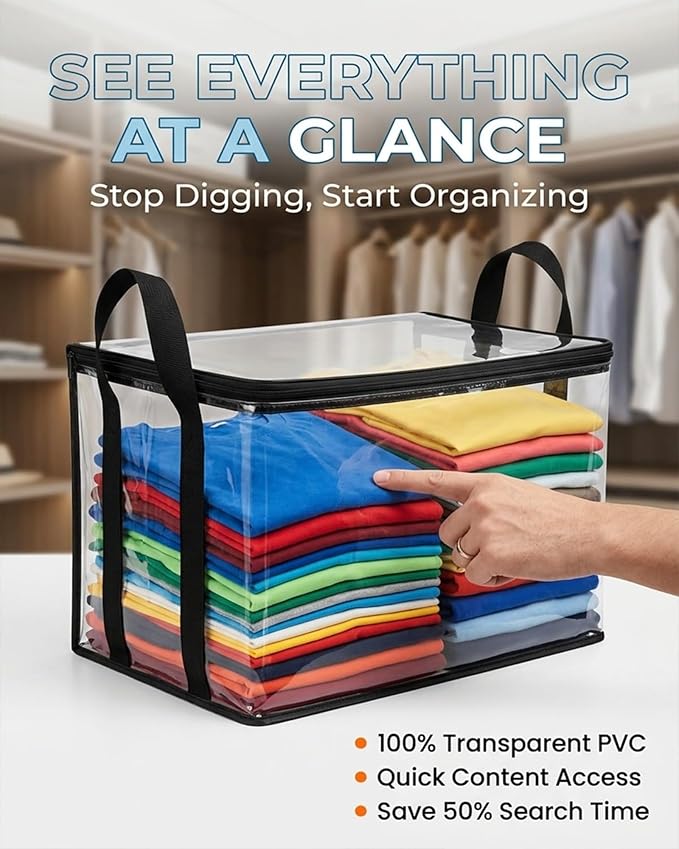 Large Heavy-Duty Thick Plastic Clear Storage Bag for Clothes - Foldable Clear Storage Tote with Reinforced Handles & Zipper for Moving, Dorm, Closet & Underbed Organization (White,4pcs)