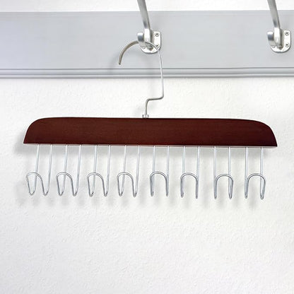 Wooden Belt Holder - Multifunctional Wooden Belt Hanger with 8 Metal Hooks - Wood Tie Scarf Rack Holder Hangers Organizer | for Hanging Belts,Tie,Scarves,neckties, Brown