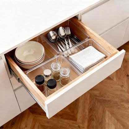 6 Pcs Large Clear Plastic Drawer Organizers Tray 6" x 6" Storage Bins with 25 Pcs Non-Slip Pads for Makeup, Jewelries, Kitchen Utensils, Bathroom and Office