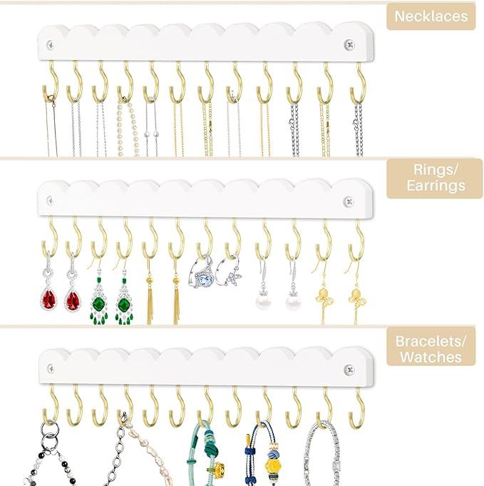 2 Pack Necklace Holder Organizer Wall Mount, Wooden Necklace Hanger Storage Hanging Jewelry Organizer with 12 Hooks for Necklaces, Bracelets, Rings and Bangles Display