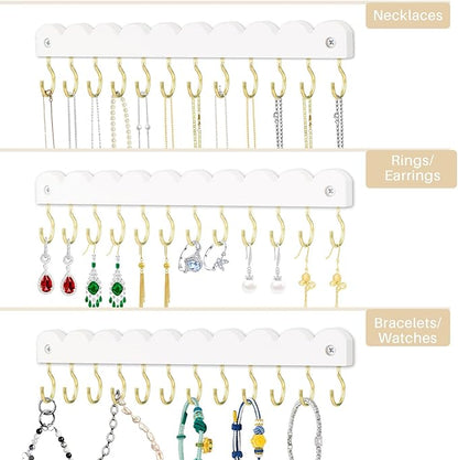 2 Pack Necklace Holder Organizer Wall Mount, Wooden Necklace Hanger Storage Hanging Jewelry Organizer with 12 Hooks for Necklaces, Bracelets, Rings and Bangles Display