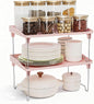 STARLATTA 2 Pcs Cabinet Organizer Shelf，Stackable Kitchen Counter Shelves, Spice Rack,Countertop Organizers，Pink Plastic Storage Shelves Rack for Makeup，Bathroom, Cupboard，Desk，Pantry Organization