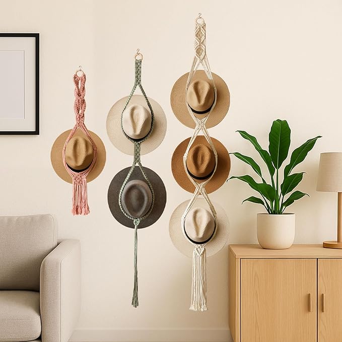 Boho Hat Organizer Rack, Macrame Hat Hanger, Handmade Hat Holder for Wall Hanging, Hat Storage for Wide-Brim Hats, Bohemian Hat Display for Bedroom, Living Room, Office(3 Styles & 3 Colors)